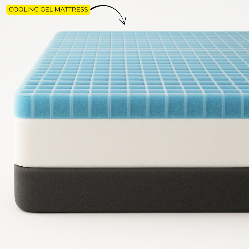 Close-up view of a cooling gel memory foam mattress featuring a blue grid-patterned gel top layer, a white memory foam middle layer, and a sturdy dark base for advanced breathability, comfort, and spine support.