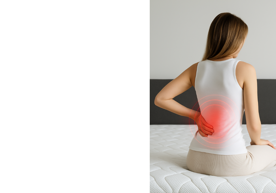 Woman sitting on an orthopaedic mattress holding her lower back for support.